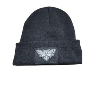 Black Beanie Death Moth Skull Patch Acrylic Cuffed Knit Winter Hat